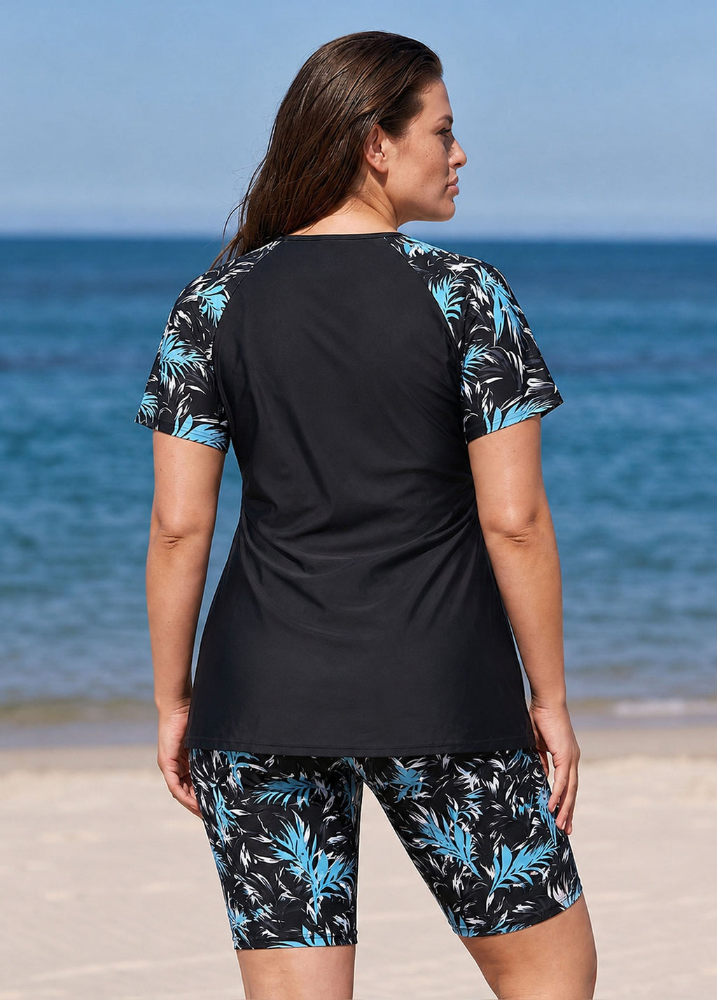 Black Leaf Scoop Neck UPF50+ Short Sleeves Vintage Curvy Swimsuit Two Piece Tankini Set