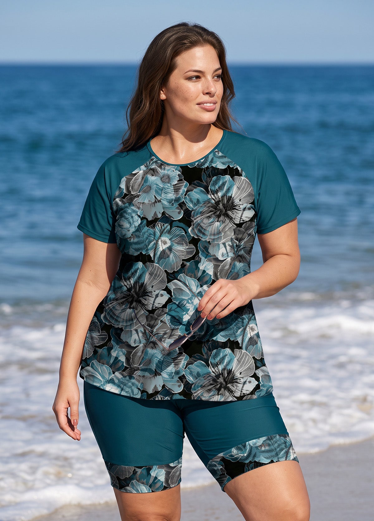 Teal Floral High Neck UPF50+ Short Sleeves Plus Size Women's Swimsuit Two Piece Tankini Set