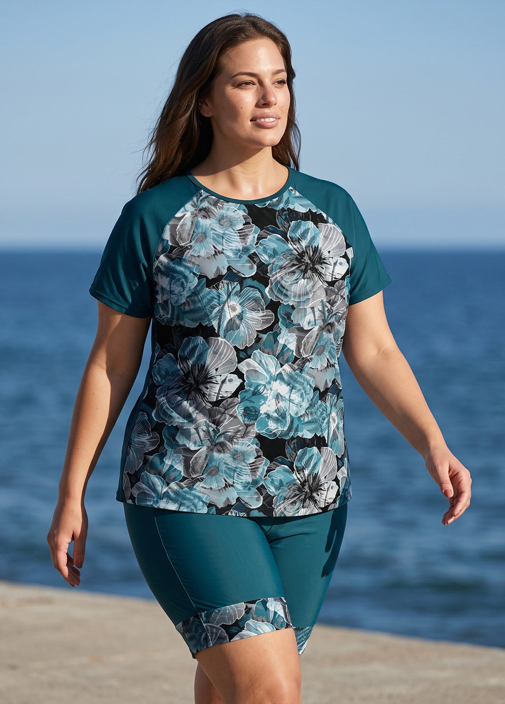 Teal Floral High Neck UPF50+ Short Sleeves Plus Size Women's Swimsuit Two Piece Tankini Set