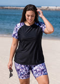 Purple Abstract Floral High Neck UPF50+ Short Sleeves Curvy Women's Swimsuit Two Piece Tankini Set