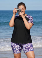 Purple Abstract Floral High Neck UPF50+ Short Sleeves Curvy Women's Swimsuit Two Piece Tankini Set