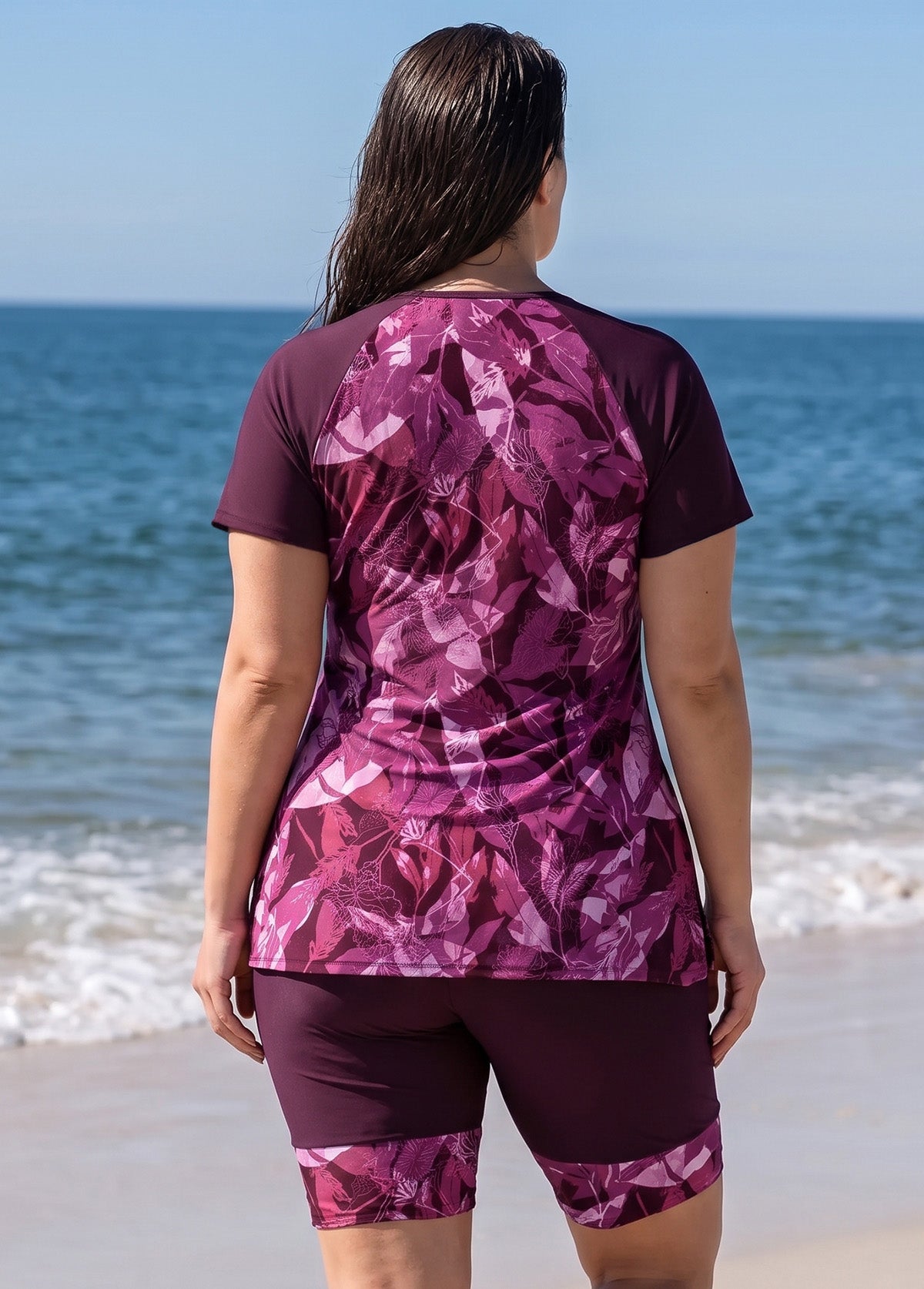 Plus Size Purple Floral High Neck UPF50+ Short Sleeves Women's Swimsuit Two Piece Tankini Set