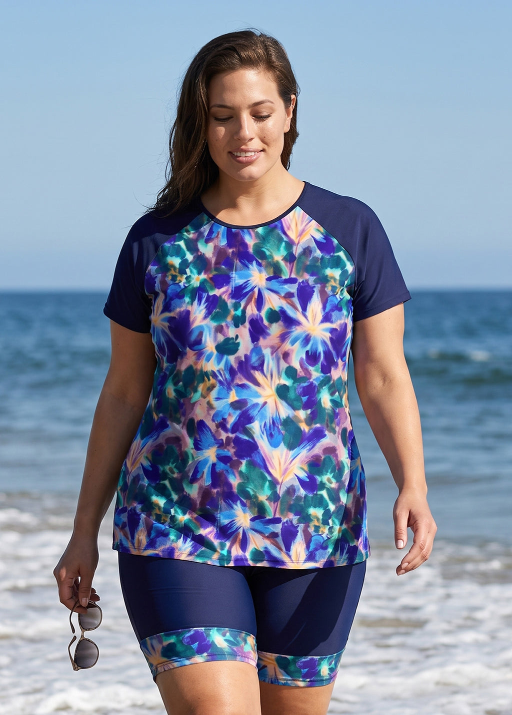 Curvy Blue Purple Watercolor Floral High Neck UPF50+ Short Sleeves Swimsuit Two Piece Tankini Set