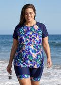 Curvy Blue Purple Watercolor Floral High Neck UPF50+ Short Sleeves Swimsuit Two Piece Tankini Set
