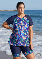 Curvy Blue Purple Watercolor Floral High Neck UPF50+ Short Sleeves Swimsuit Two Piece Tankini Set