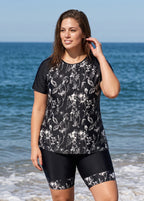 Black Floral High Neck UPF50+ Short Sleeves Plus Size Women's Swimsuit Two Piece Tankini Set