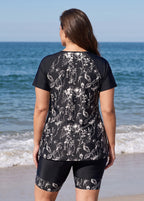 Black Floral High Neck UPF50+ Short Sleeves Plus Size Women's Swimsuit Two Piece Tankini Set