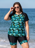 Green Floral High Neck UPF50+ Short Sleeves Curvy Women's Swimsuit Two Piece Tankini Set