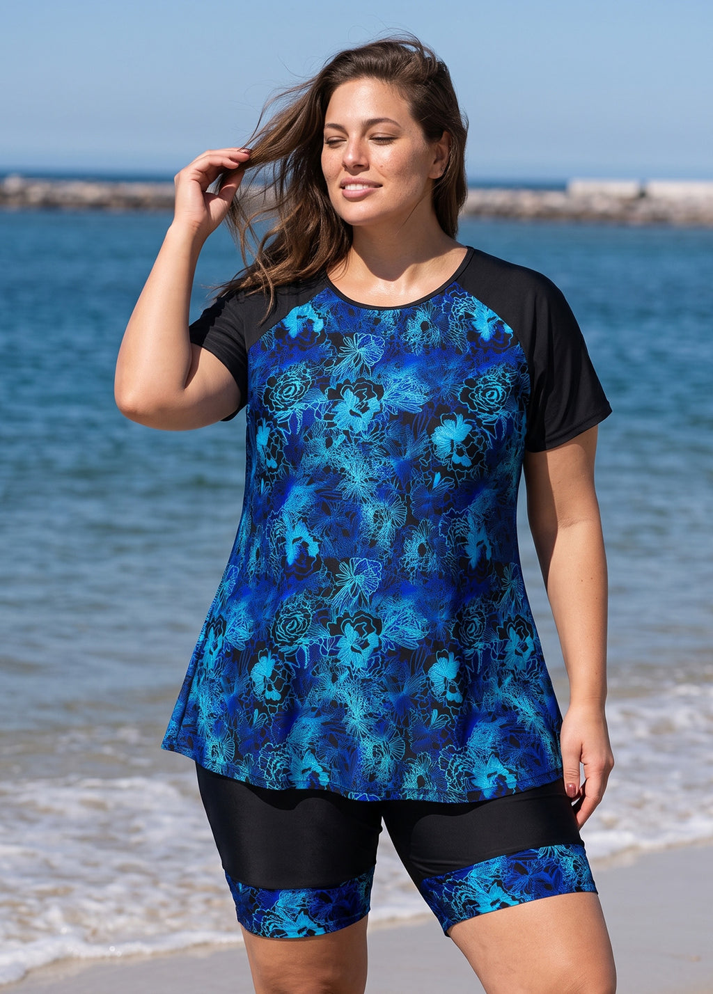Plus Size Blue Floral High Neck UPF50+ Short Sleeves Women's Swimsuit Two Piece Tankini Set