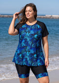 Plus Size Blue Floral High Neck UPF50+ Short Sleeves Women's Swimsuit Two Piece Tankini Set