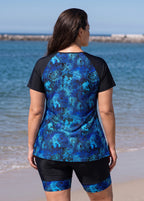 Plus Size Blue Floral High Neck UPF50+ Short Sleeves Women's Swimsuit Two Piece Tankini Set