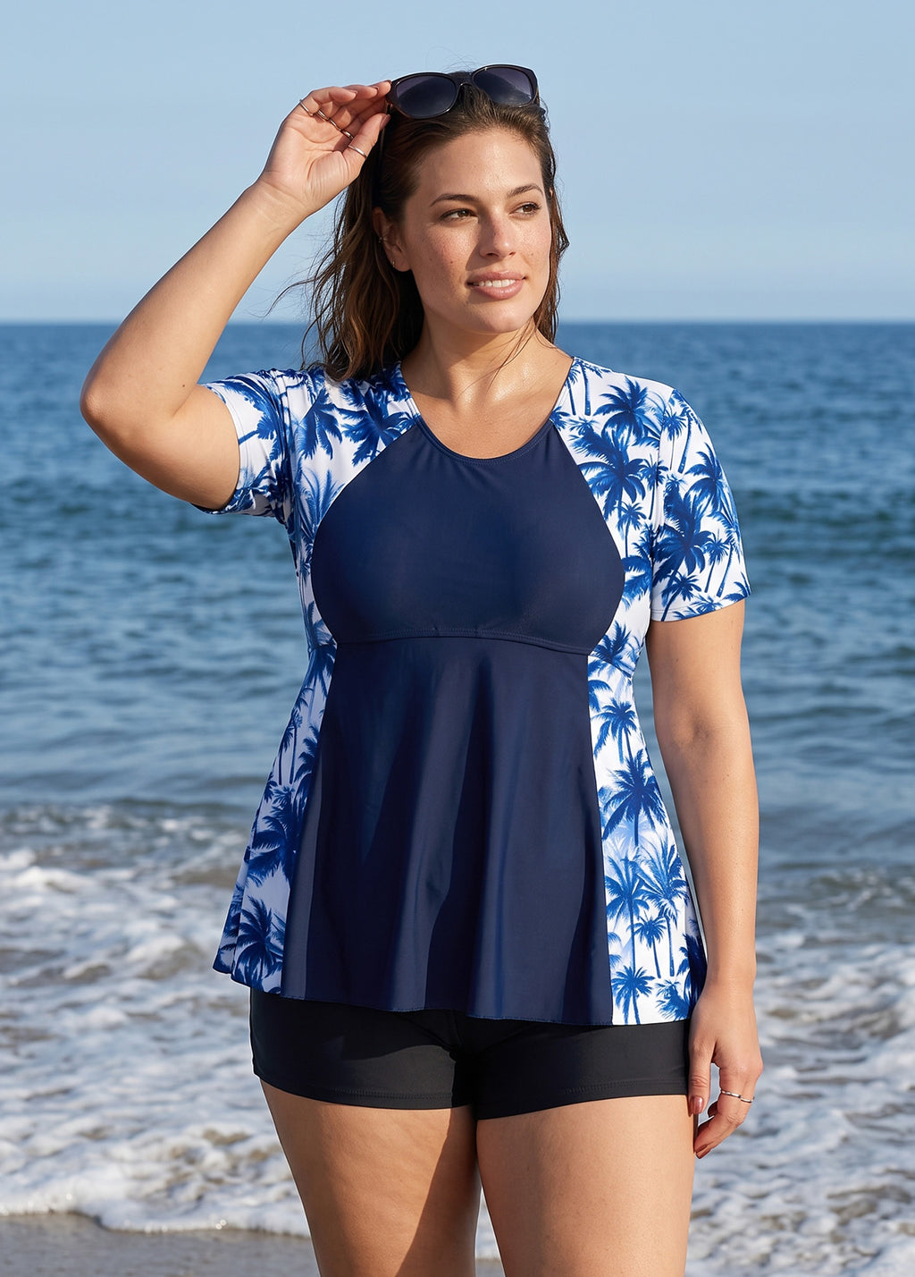 Plus Size Navy Palm Tree Print UPF50+ Short Sleeve Flattering Women's Swimsuit Tankini Top