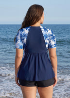 Plus Size Navy Palm Tree Print UPF50+ Short Sleeve Flattering Women's Swimsuit Tankini Top