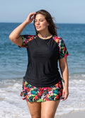 Curvy Red Floral Upf50+ Short Sleeves Modest Side Drawstring Women's Swimsuit Tankini Top