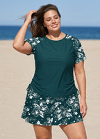 Green Floral Print High Neck UPF50+ Short Sleeves Side Drawstring Plus Size Swimsuit Tankini Top
