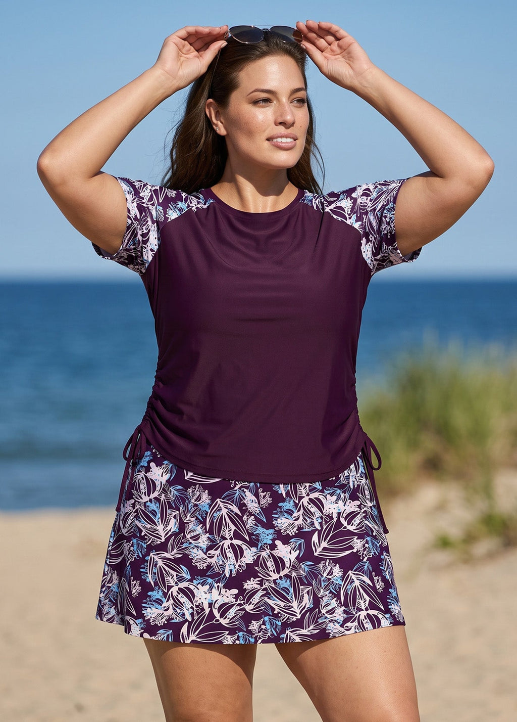 Purple Leaf High Neck UPF50+ Short Sleeves Side Drawstring Curvy Swimsuit Tankini Top