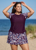 Purple Leaf High Neck UPF50+ Short Sleeves Side Drawstring Curvy Swimsuit Tankini Top
