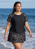 Black Floral Print High Neck UPF50+ Short Sleeves Modest Side Drawstring Curvy Tankini Top