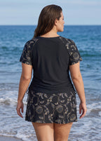 Black Floral Print High Neck UPF50+ Short Sleeves Modest Side Drawstring Curvy Tankini Top