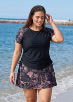 Black Floral High Neck UPF50+ Short Sleeves Flattering Side Drawstring Plus Size Tankini Top