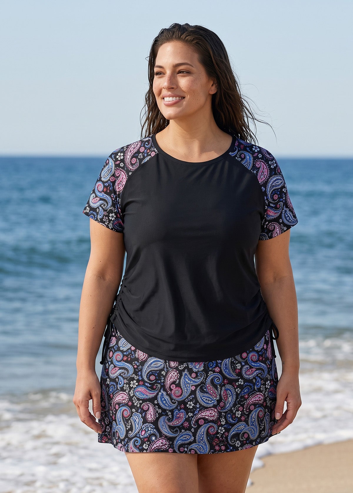 Curvy Black Paisley High Neck UPF50+ Short Sleeves Modest Side Drawstring Tankini Top