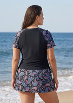 Curvy Black Paisley High Neck UPF50+ Short Sleeves Modest Side Drawstring Tankini Top