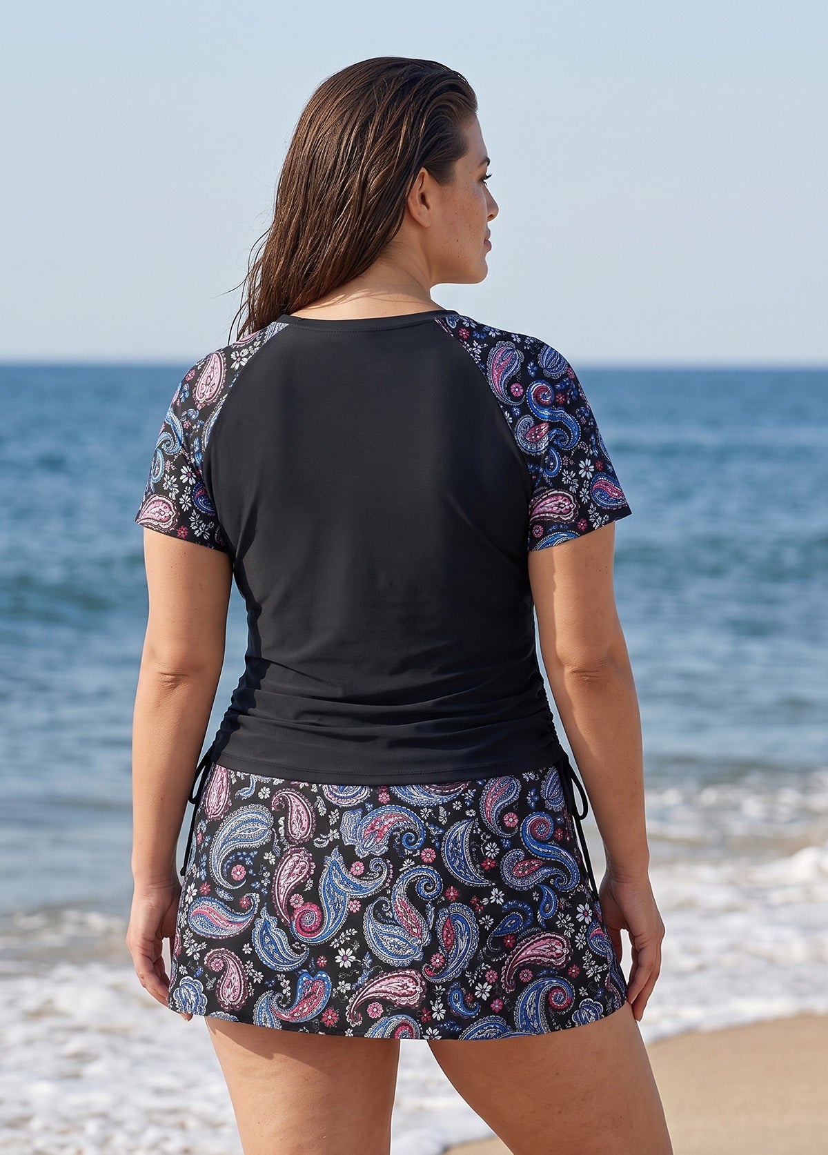 Curvy Black Paisley High Neck UPF50+ Short Sleeves Modest Side Drawstring Tankini Top
