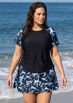 Plus Size Black Leaf Print High Neck UPF50+ Short Sleeve Flattering Side Drawstring Tankini Top