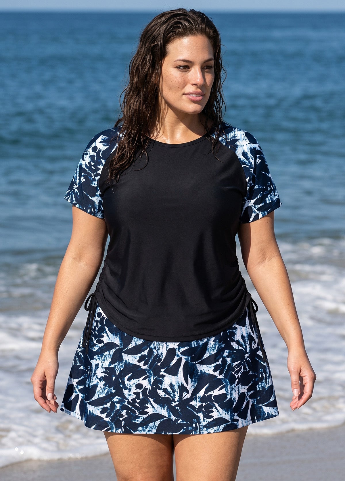 Plus Size Black Leaf Print High Neck UPF50+ Short Sleeve Flattering Side Drawstring Tankini Top
