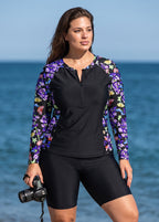 Black Floral Print Scoop Neck UPF50+ Long Sleeves Modest Zipper Curvy Women's Tankini Top