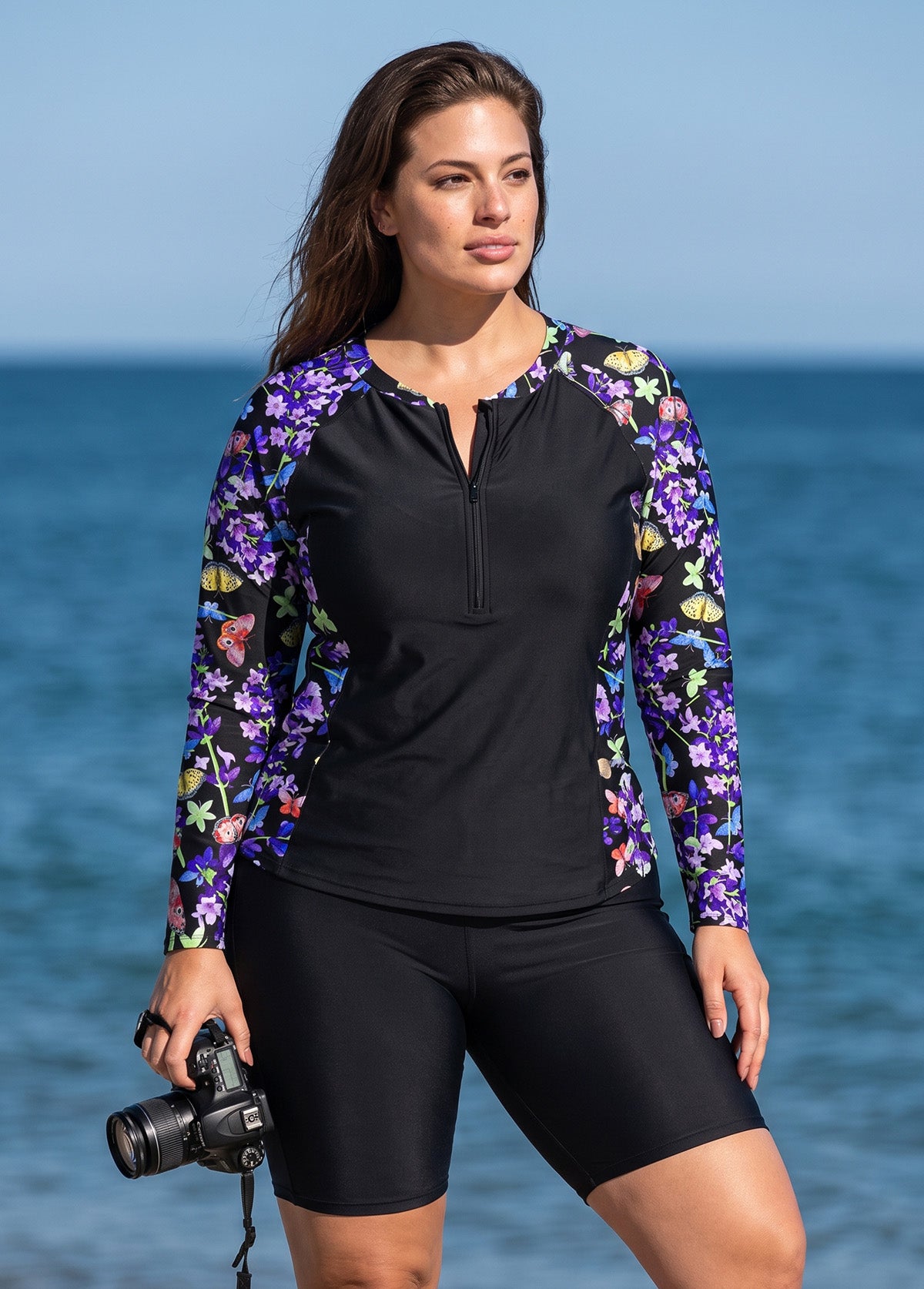 Black Floral Print Scoop Neck UPF50+ Long Sleeves Modest Zipper Curvy Women's Tankini Top