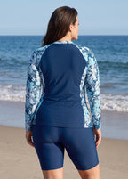 Navy Floral Print Scoop Neck UPF50+ Long Sleeves Modest Zipper Plus Size Tankini Top