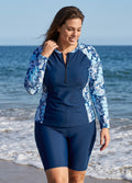 Navy Floral Print Scoop Neck UPF50+ Long Sleeves Modest Zipper Plus Size Tankini Top