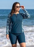 Curvy Teal Sailboat Print Scoop Neck UPF50+ Long Sleeves Modest Zipper Swimsuit Tankini Top