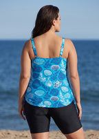 Blue Seashell Print Scoop Neck Sleeveless Flattering Drawstring Curvy Swimsuit Tankini Top