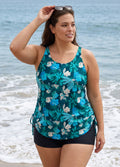 Blue Tropical Floral Scoop Neck Sleeveless Modest Drawstring Plus Size Swimsuit Tankini Top