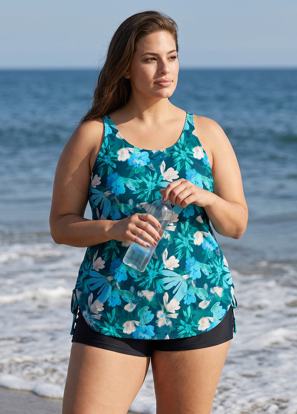 Blue Tropical Floral Scoop Neck Sleeveless Modest Drawstring Plus Size Swimsuit Tankini Top