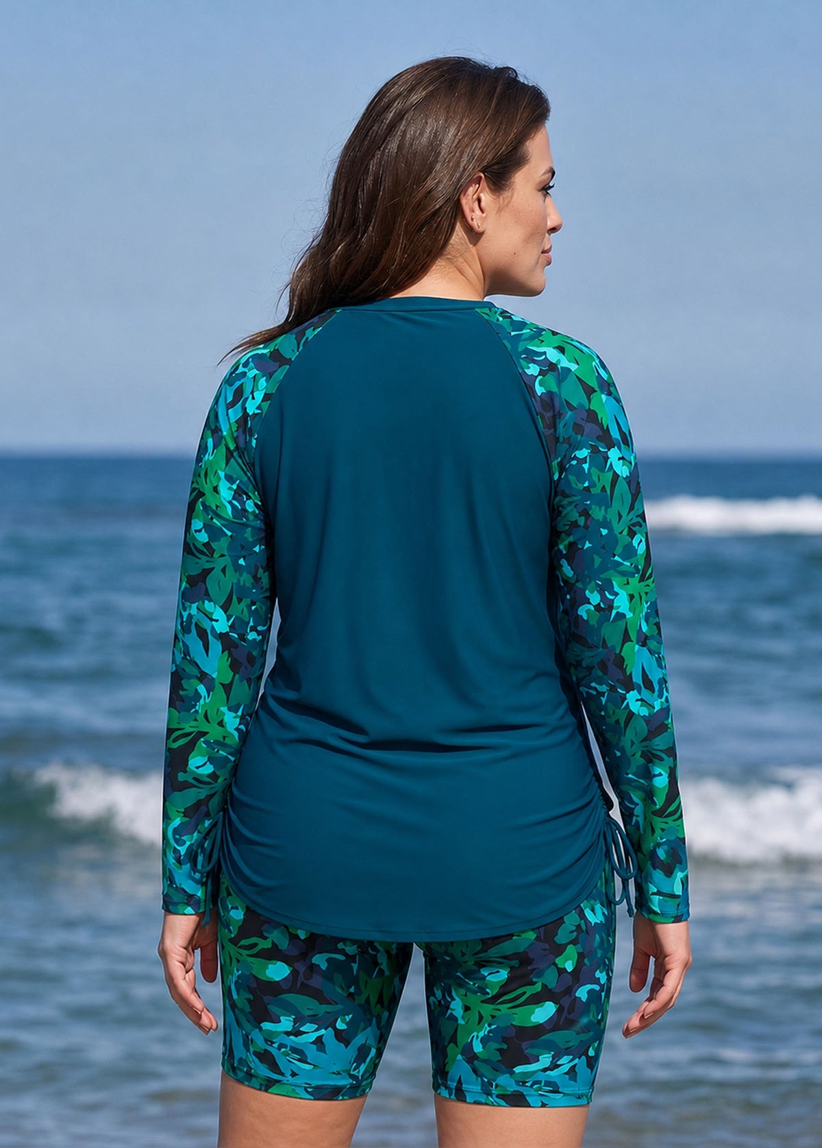 Curvy Green Leaf Print High Neck UPF50+ Raglan Long Sleeve Drawstring Swimsuit Tankini Top