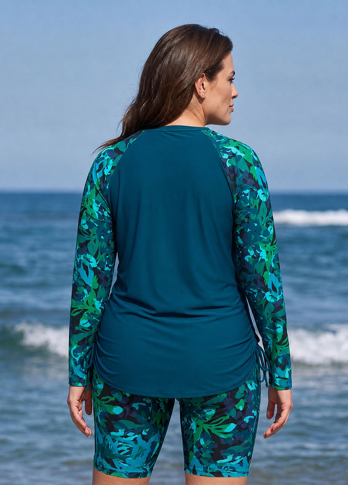 Curvy Green Leaf Print High Neck UPF50+ Raglan Long Sleeve Drawstring Swimsuit Tankini Top