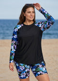 Black Tropical Floral High Neck UPF50+ Raglan Long Sleeve Drawstring Plus Size Tankini Top