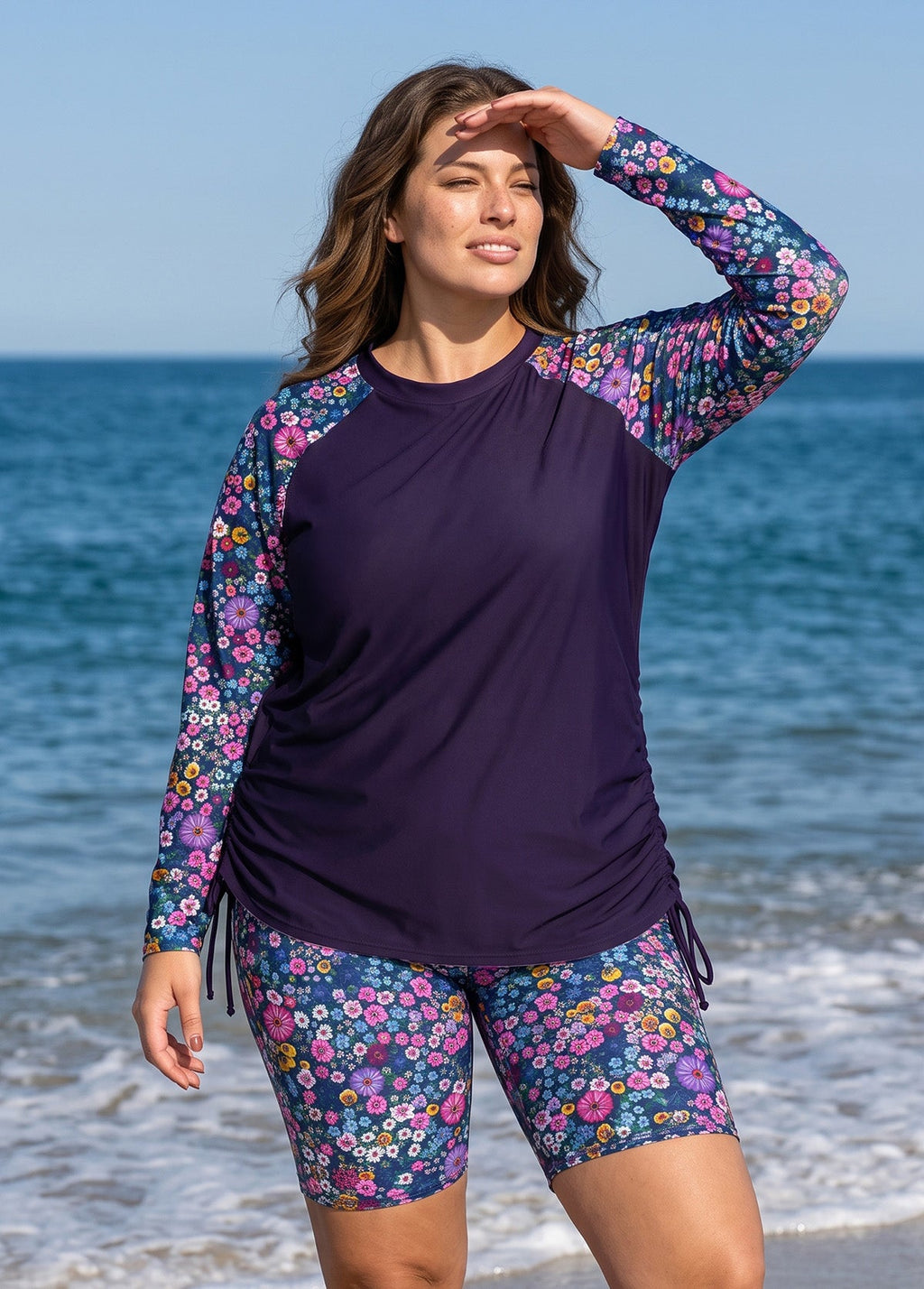 Purple Floral Print High Neck UPF50+ Raglan Long Sleeve Drawstring Curvy Tankini Top