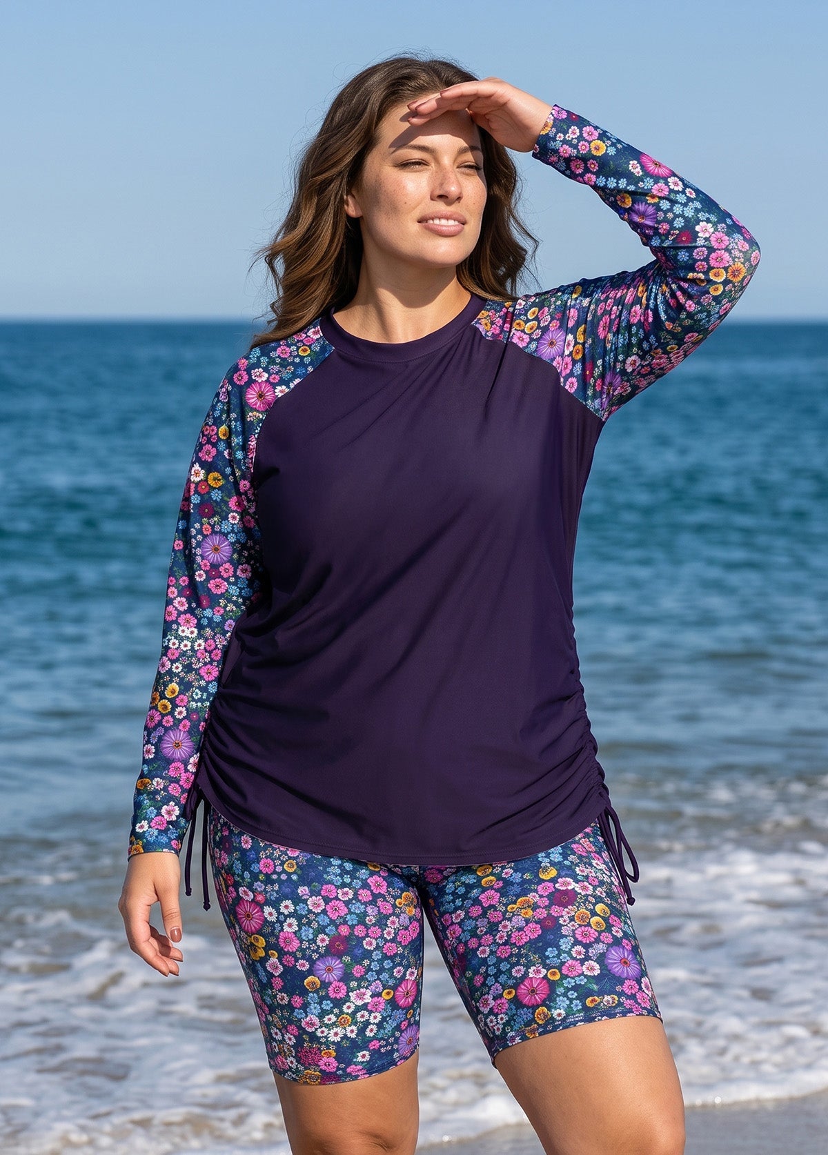 Purple Floral Print High Neck UPF50+ Raglan Long Sleeve Drawstring Curvy Tankini Top