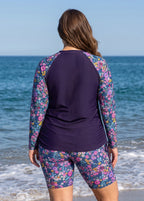 Purple Floral Print High Neck UPF50+ Raglan Long Sleeve Drawstring Curvy Tankini Top