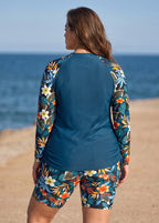 Plus Size Green Tropical Floral High Neck UPF50+ Raglan Long Sleeve Drawstring Tankini Top