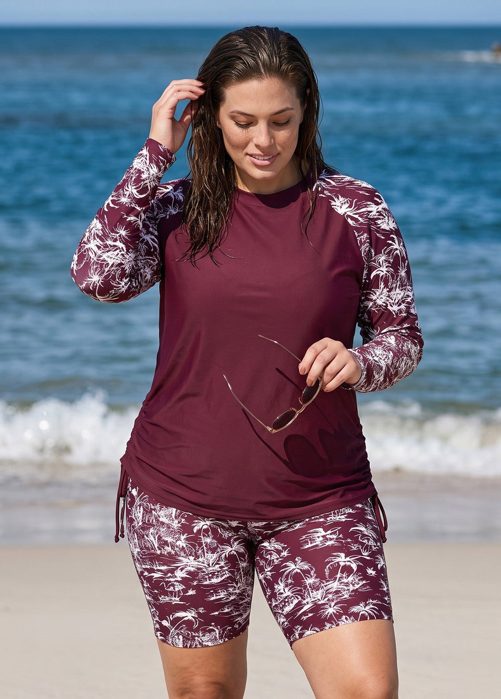Curvy Red Palm Print High Neck UPF50+ Raglan Long Sleeve Drawstring Swimsuit Tankini Top