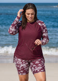 Curvy Red Palm Print High Neck UPF50+ Raglan Long Sleeve Drawstring Swimsuit Tankini Top