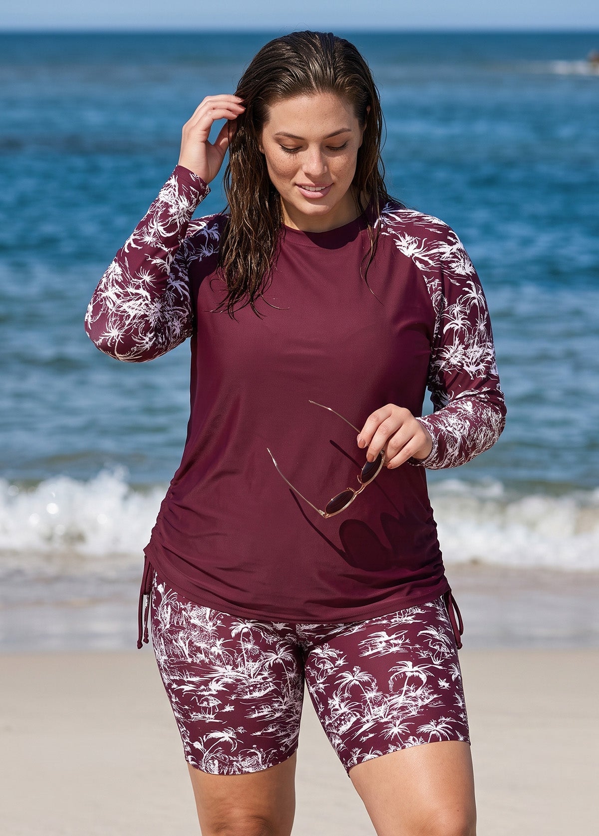 Curvy Red Palm Print High Neck UPF50+ Raglan Long Sleeve Drawstring Swimsuit Tankini Top