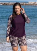 Purple Floral Print High Neck UPF50+ Long Sleeves Drawstring Curvy Women's Swimsuit Tankini Top