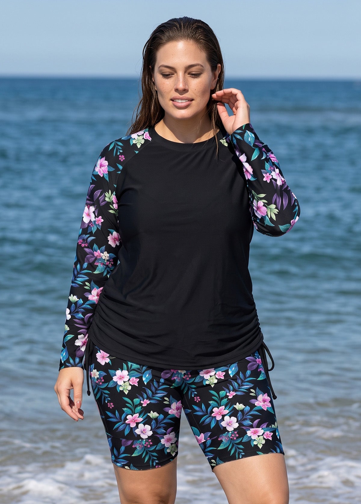 Plus Size Black Floral Print High Neck UPF50+ Long Sleeve Side Drawstring Women's Tankini Top