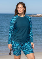 Blue Leaf Tropical Print High Neck UPF50+ Long Sleeve Side Drawstring Curvy Tankini Top